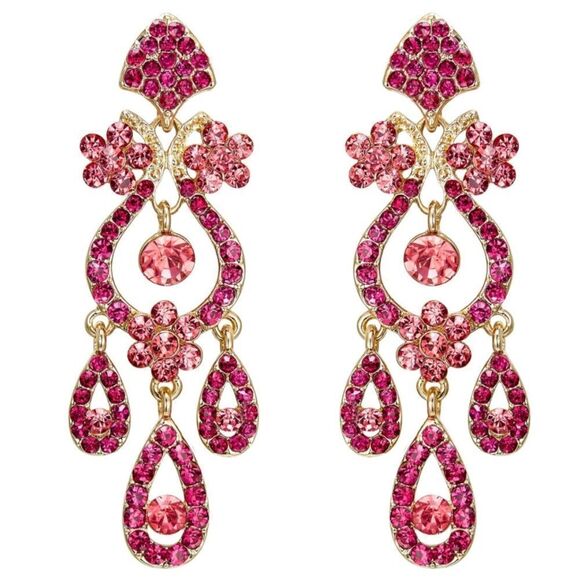 Yellow Gold with Raspberry Pink Austrian Crystal Flower Vase Chandelier Earrings